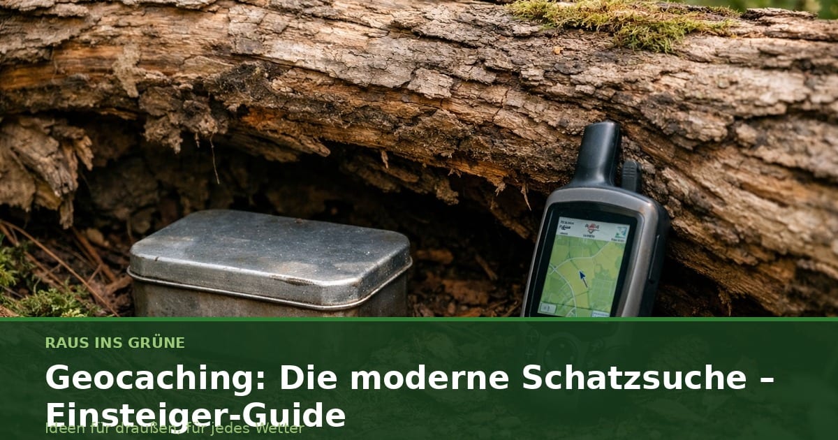 Eine Metallbox und ein GPS-Gerät liegen unter einem umgestürzten Baumstamm.
