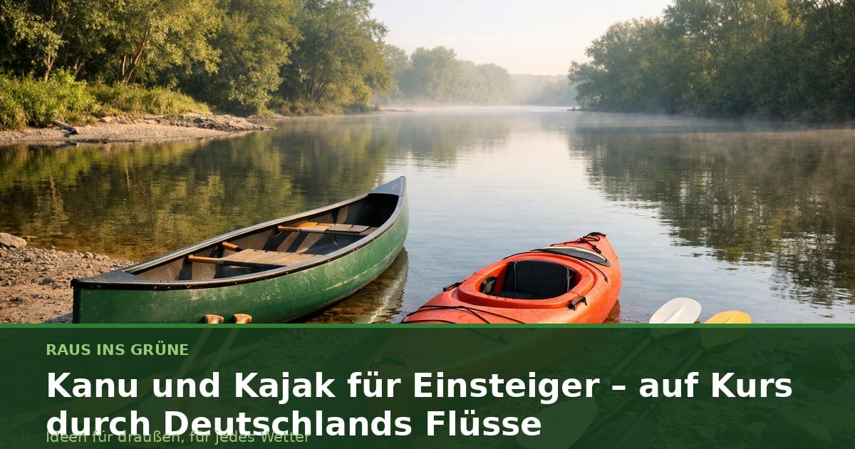 Kanu und Kajak am ruhigen Flussufer im Morgenlicht, Paddel liegen daneben