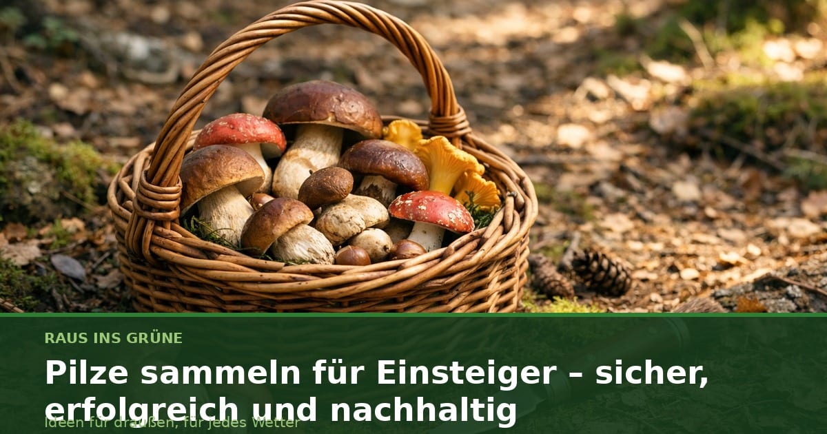 Weidenkorb mit frischen Pilzen und kleinem Messer auf dem Waldboden.