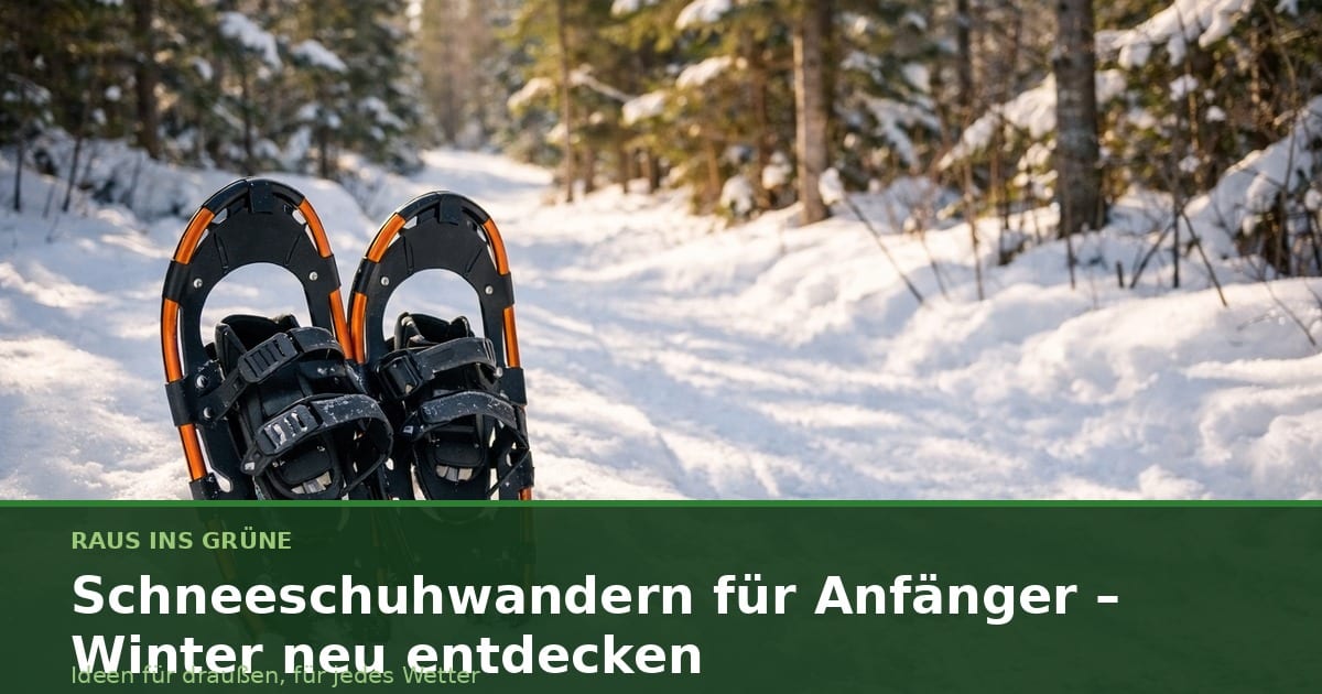 Schneeschuhe im frischen Schnee neben einem Winterweg im sonnigen Wald