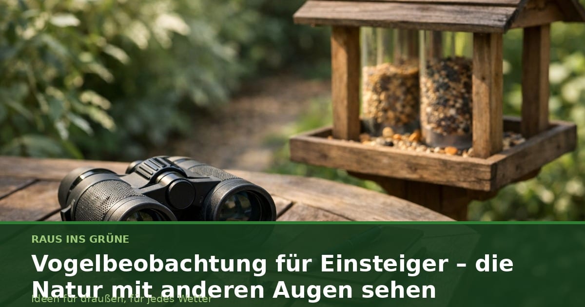 Fernglas und kleines Notizbuch auf Holztisch neben Vogelfutterspender im Garten